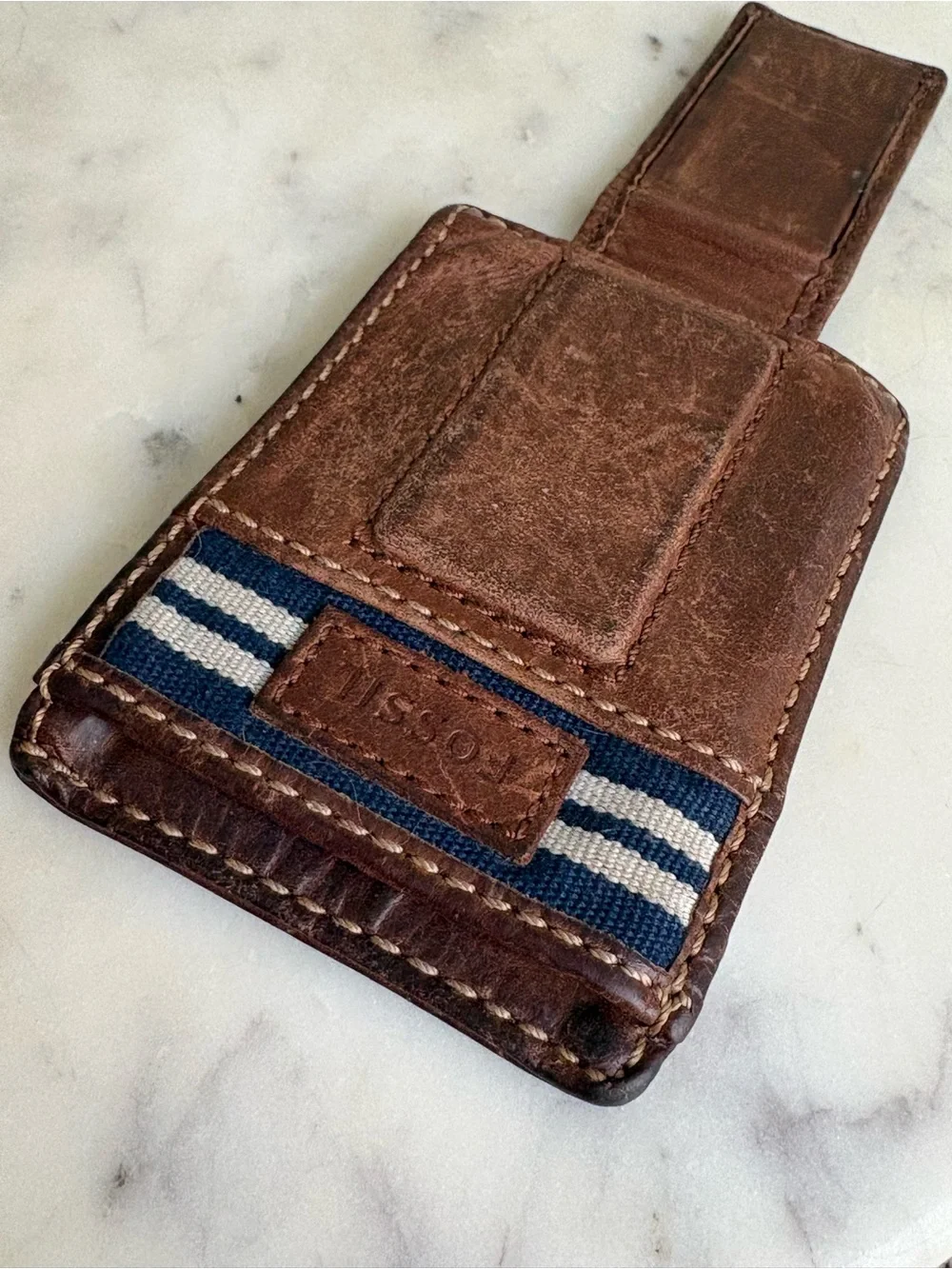 Fossil Leather Card Case/Magnetic Money Clip Brown/Navy Designer Masculine Cash